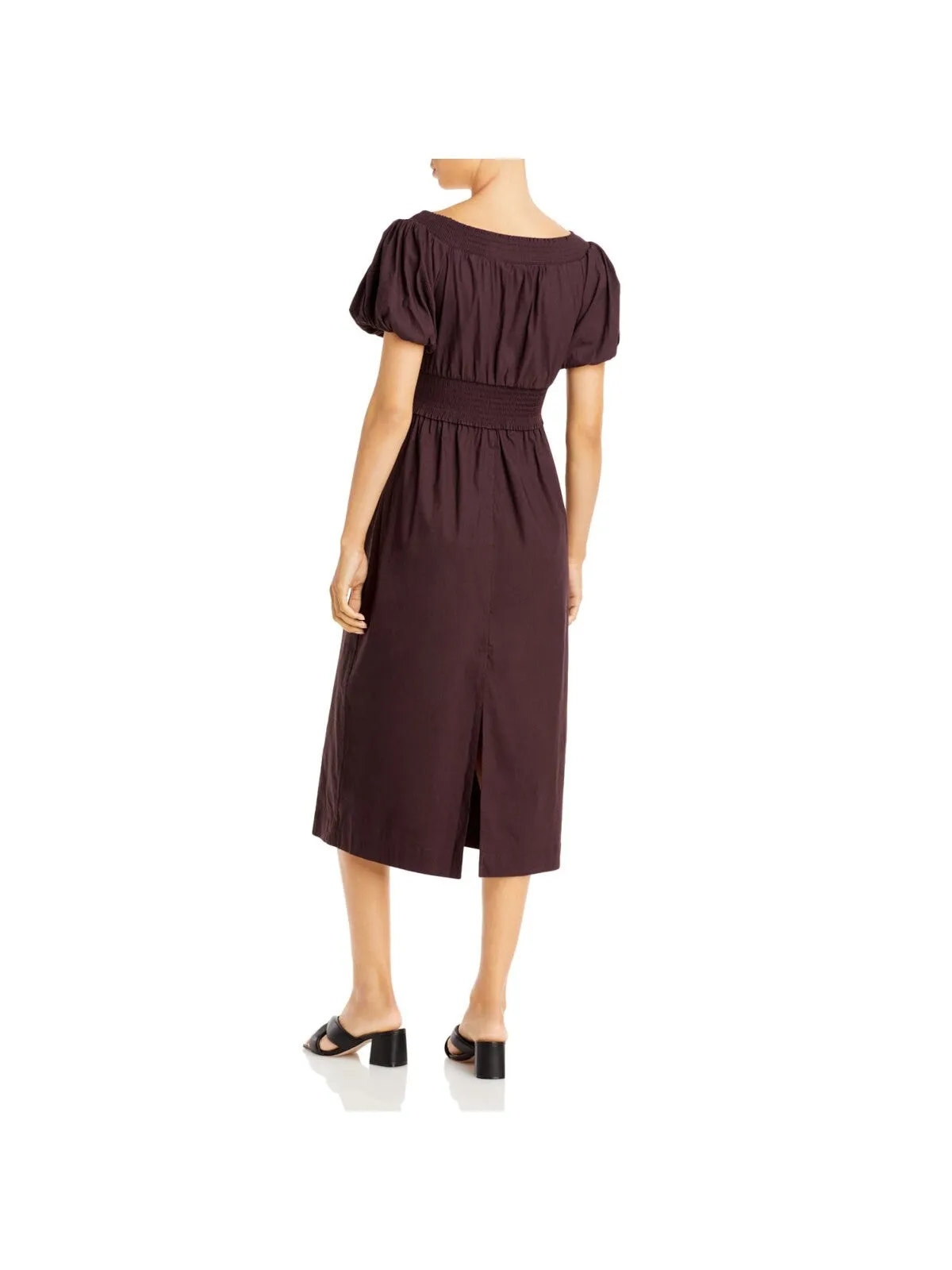 A.L.C. Womens Brown Smocked Pleated Pouf Sleeve Scoop Neck Midi Fit   Flare Dress