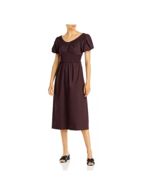 A.L.C. Womens Brown Smocked Pleated Pouf Sleeve Scoop Neck Midi Fit   Flare Dress