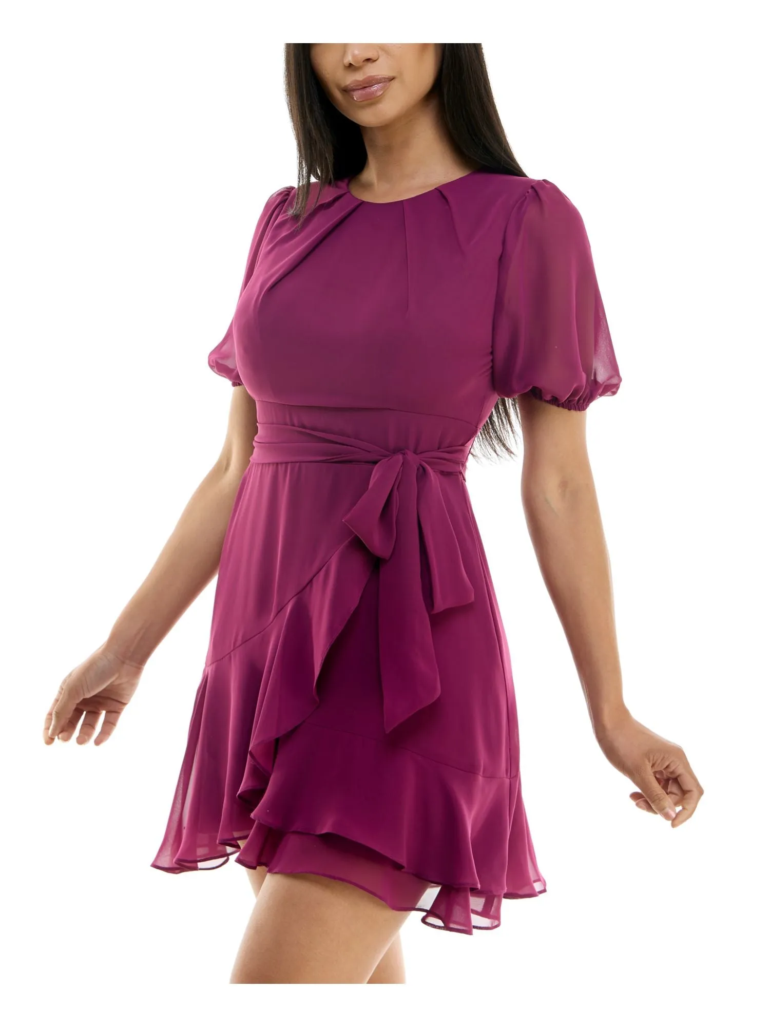 B DARLIN Womens Purple Zippered Lined Faux-wrap Skirt Tie Belt Pouf Sleeve Jewel Neck Short Party Fit   Flare Dress