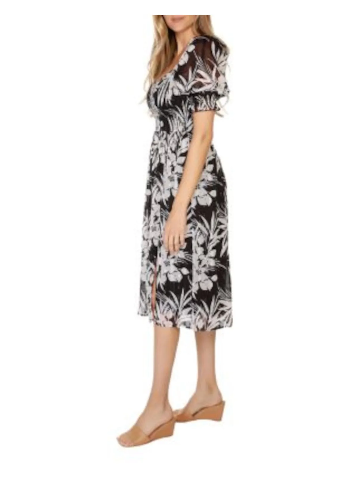 BELLDINI Womens Black Slitted Lined Smocked Bodice Pouf Sleeve V Neck Below The Knee Party Fit   Flare Dress