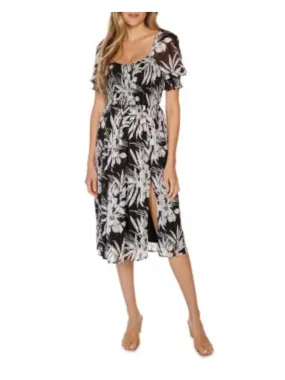 BELLDINI Womens Black Slitted Lined Smocked Bodice Pouf Sleeve V Neck Below The Knee Party Fit   Flare Dress
