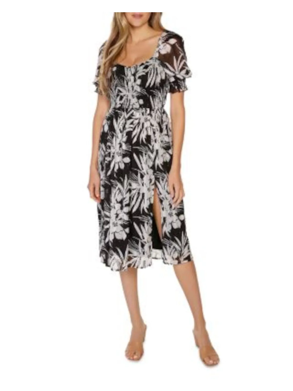 BELLDINI Womens Black Slitted Lined Smocked Bodice Pouf Sleeve V Neck Below The Knee Party Fit   Flare Dress