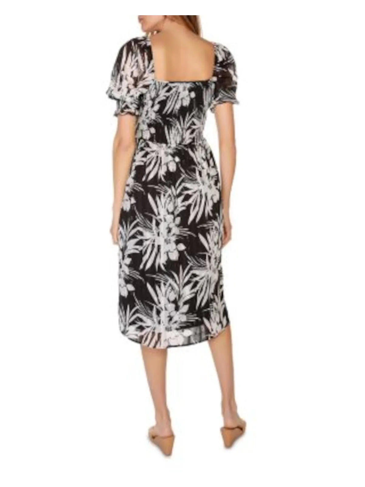 BELLDINI Womens Black Slitted Lined Smocked Bodice Pouf Sleeve V Neck Below The Knee Party Fit   Flare Dress