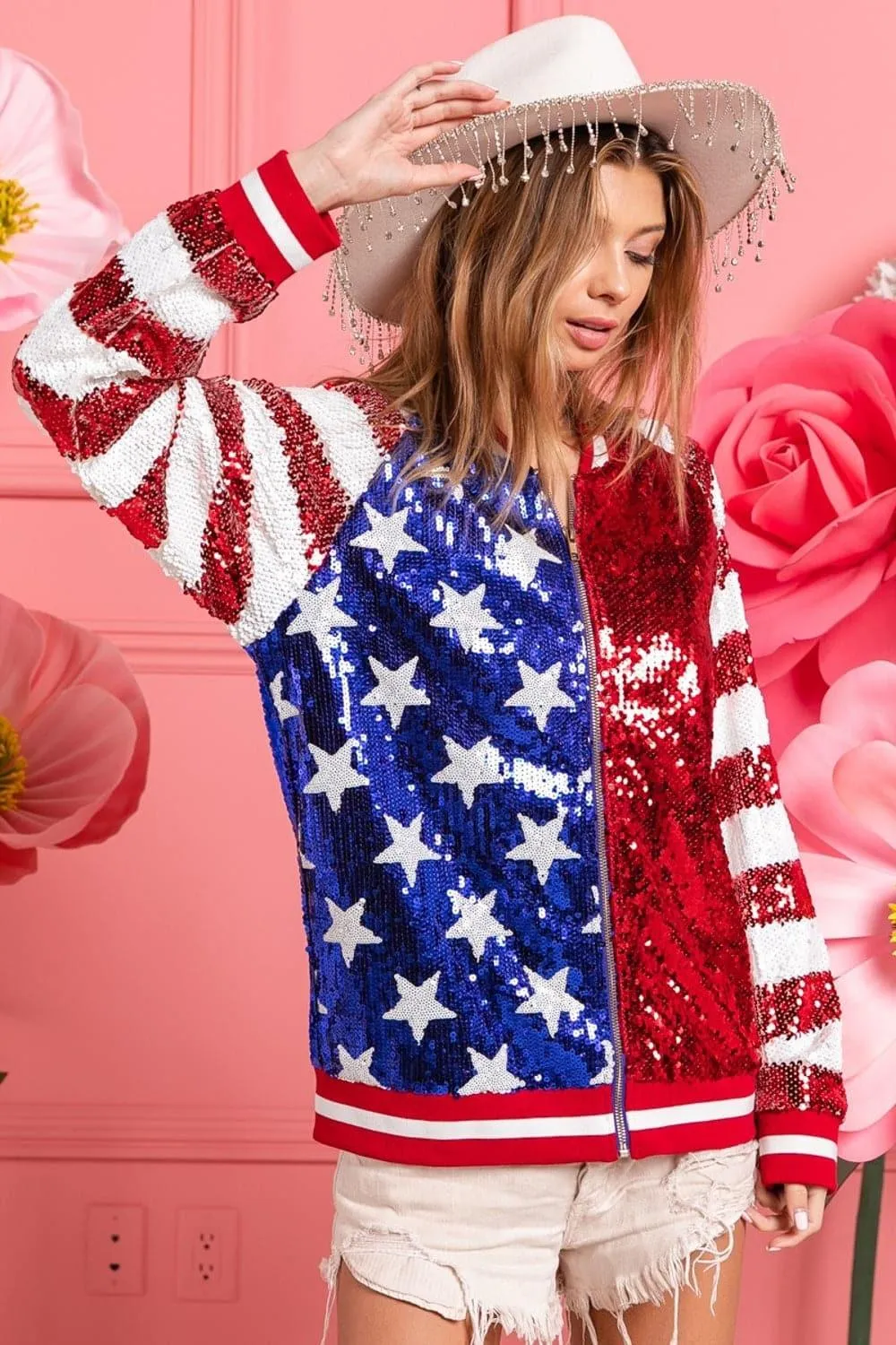 USA Flag-Themed BiBi Sequin Bomber Jacket with Color Block Design