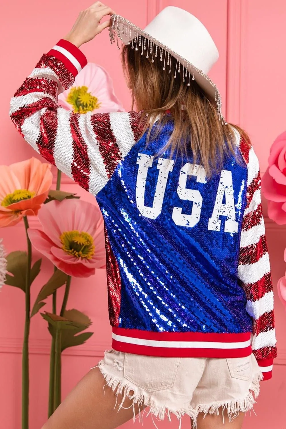 USA Flag-Themed BiBi Sequin Bomber Jacket with Color Block Design