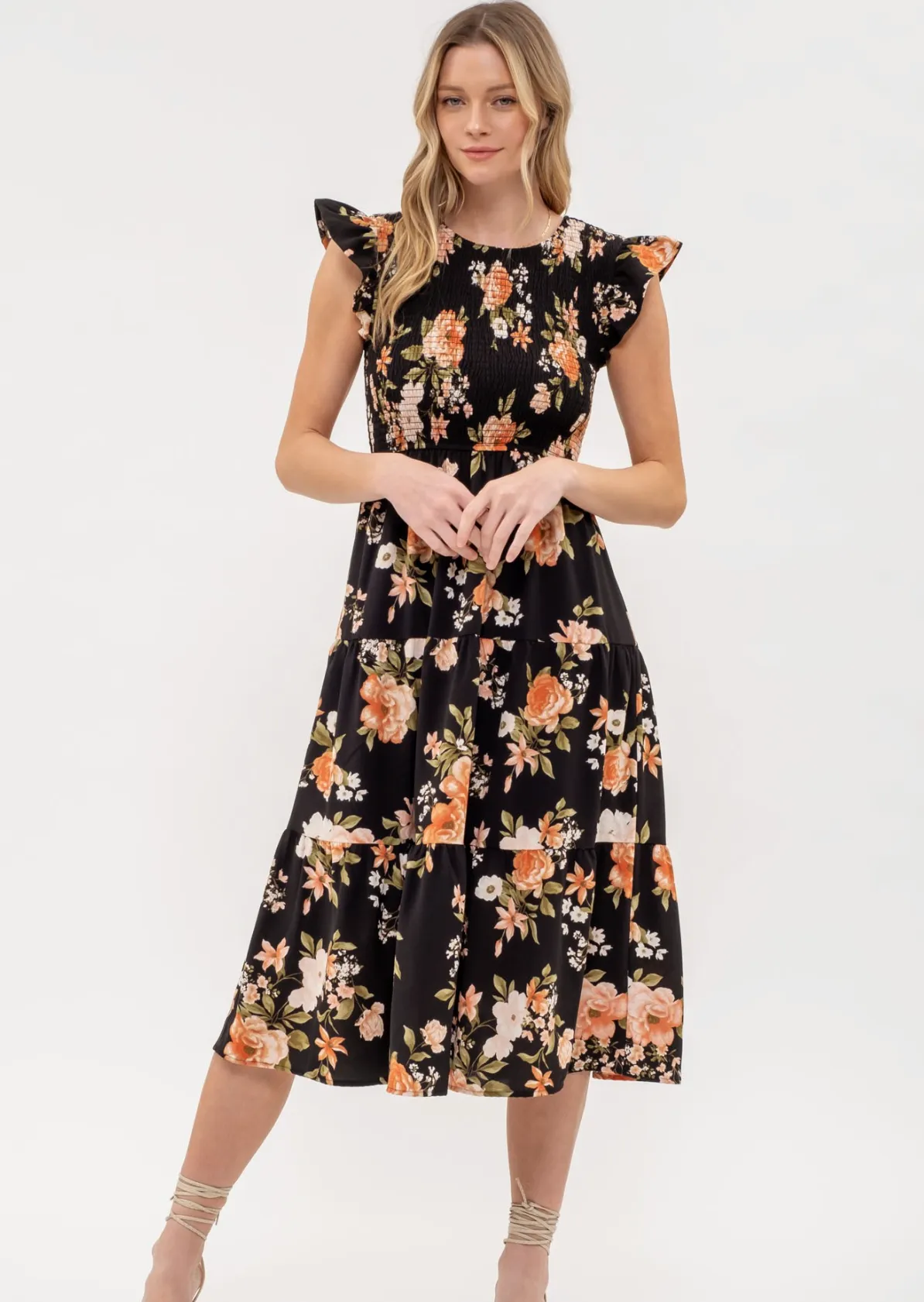 Black Floral Smocked Dress