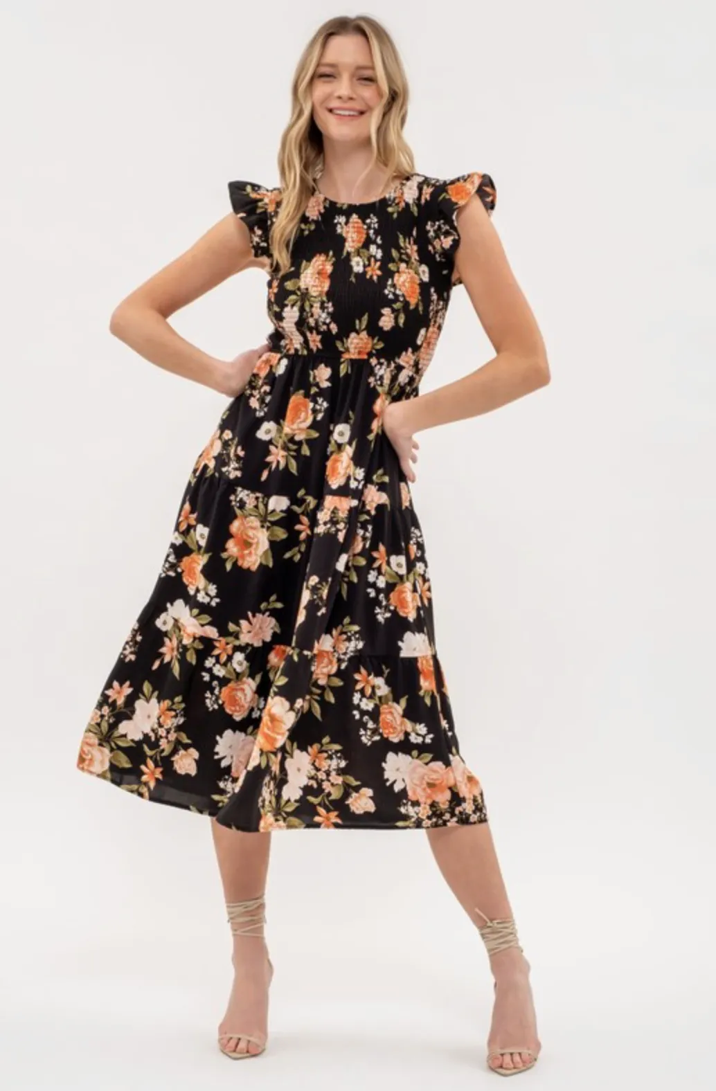 Black Floral Smocked Dress