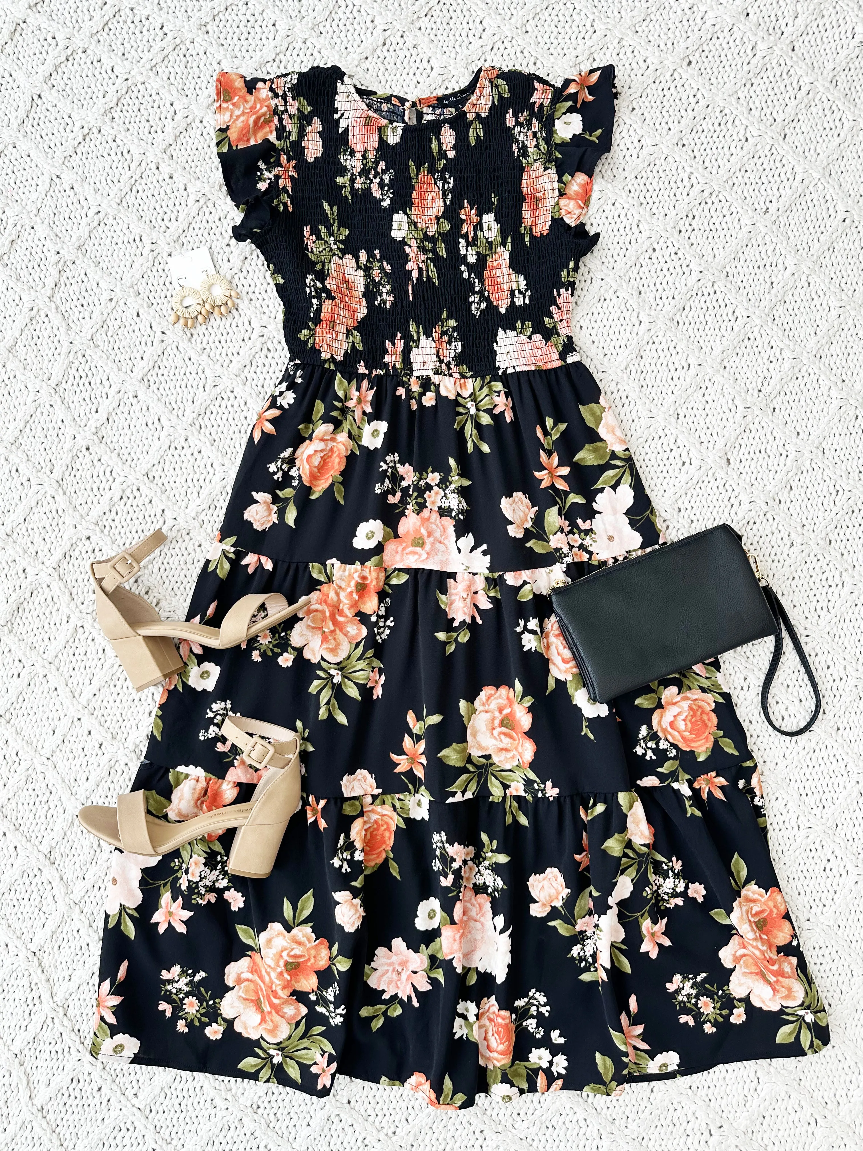 Black Floral Smocked Dress