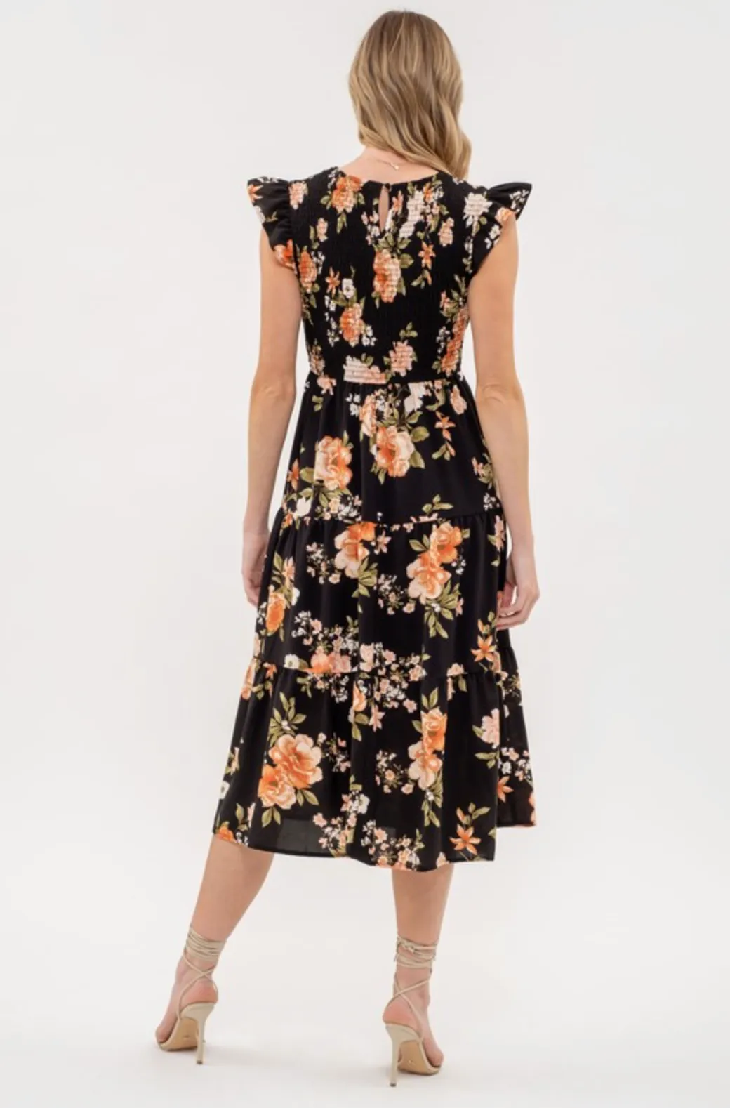 Black Floral Smocked Dress