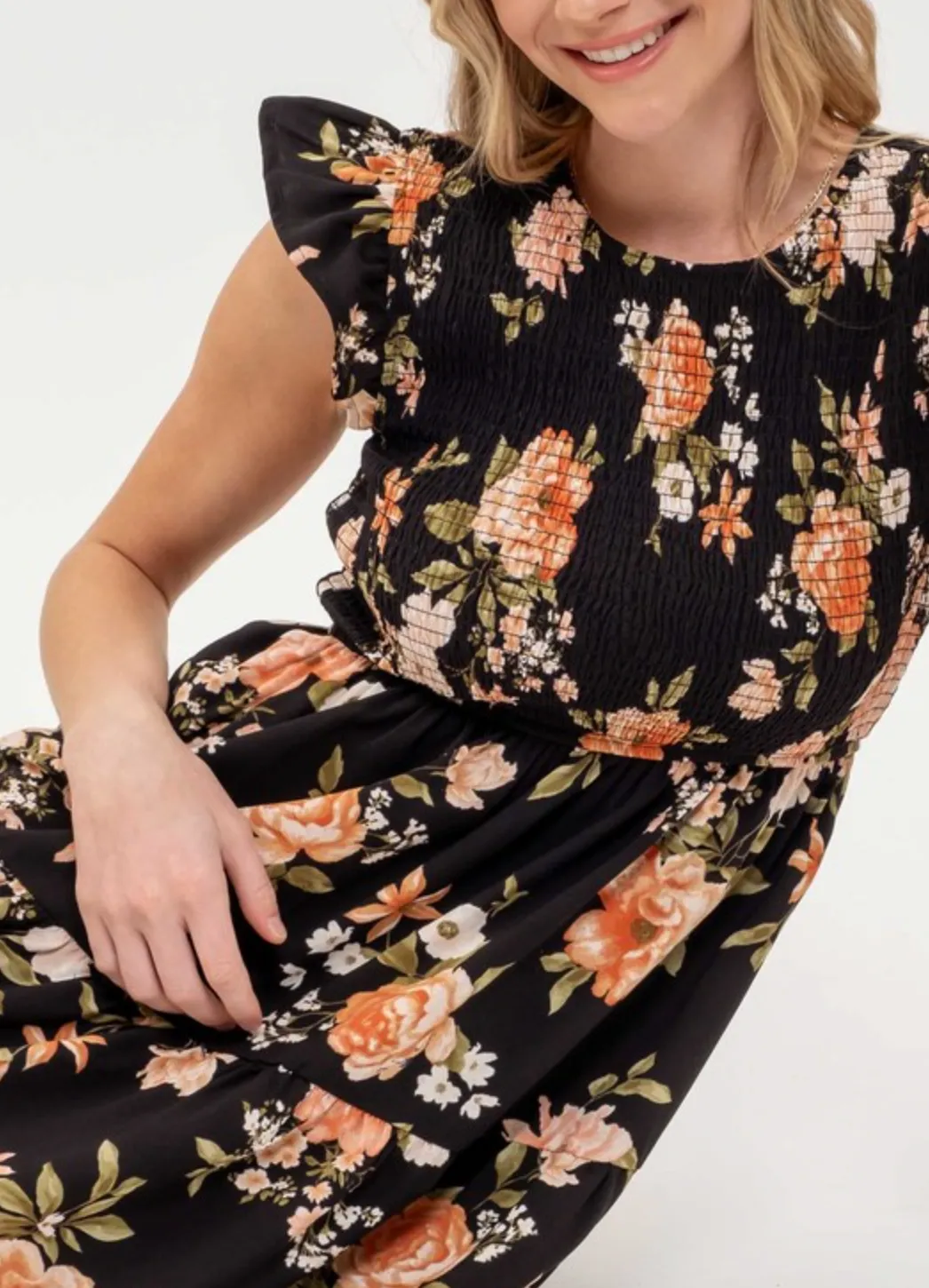 Black Floral Smocked Dress