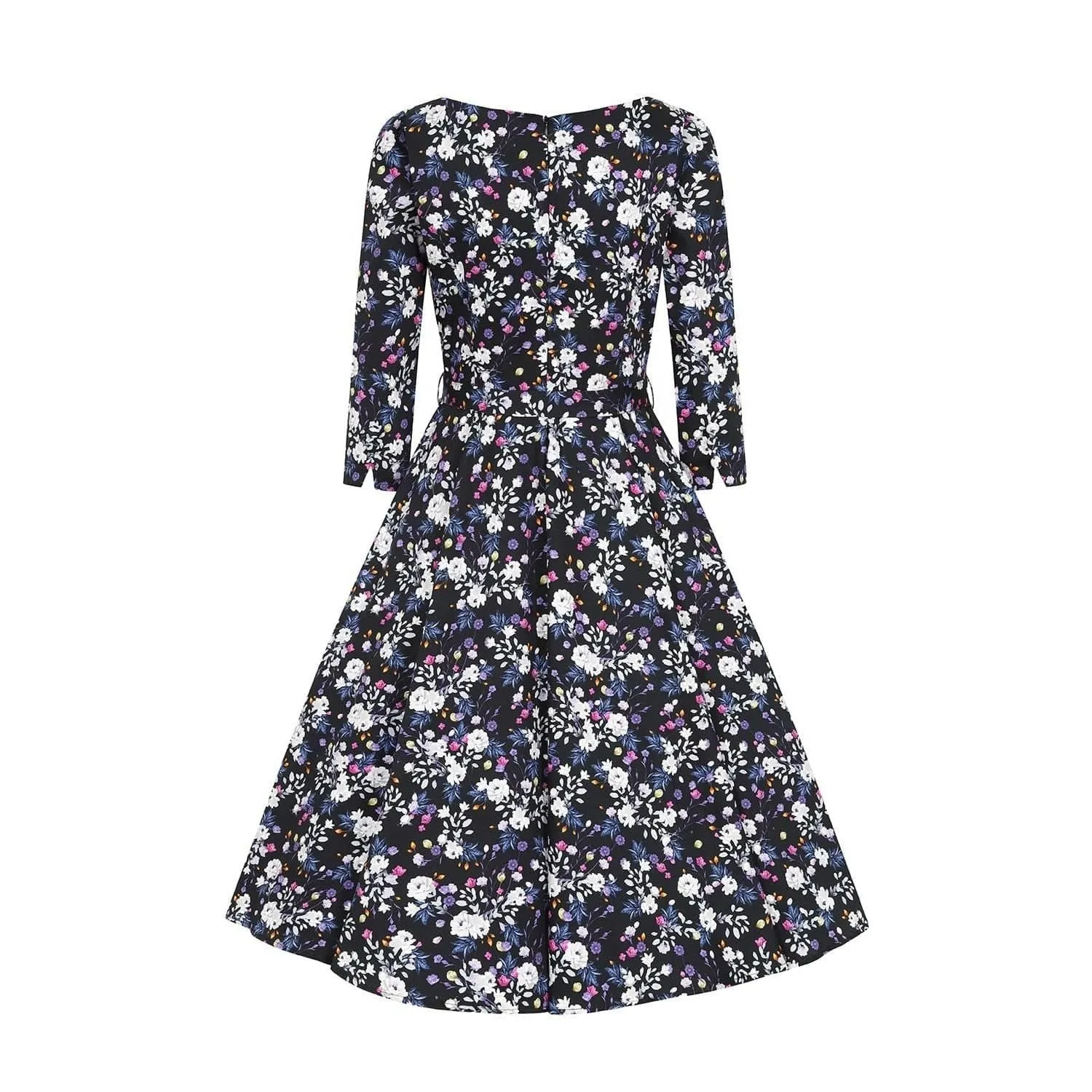 Black Multi Floral Print 3/4 Sleeve 50s Swing Dress