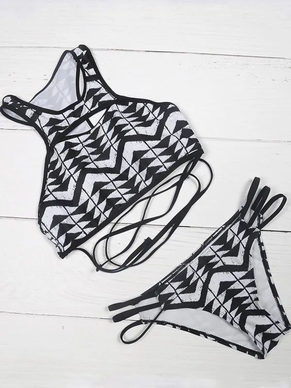 Black Printed Lace-up Bikini Sets