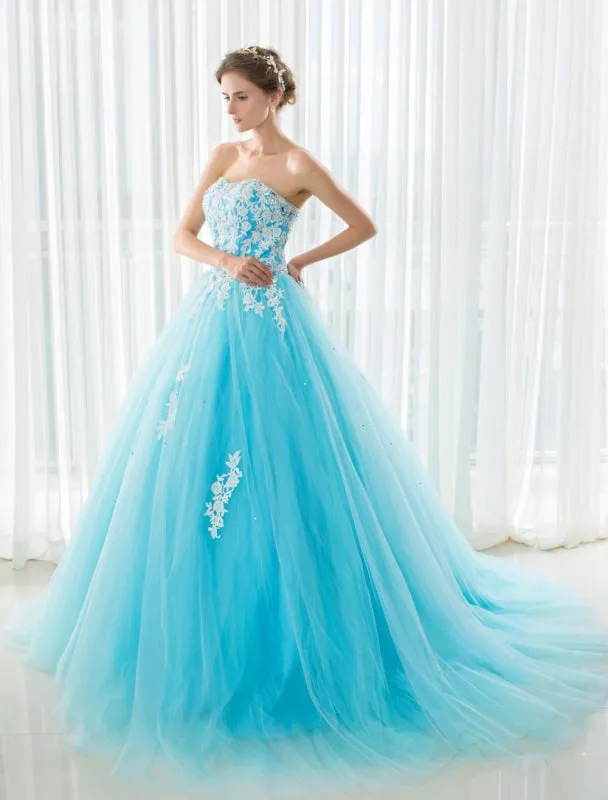 Blue Wedding Dress Lace Applique Tulle Court Train Strapless Sweetheart Lace-Up A-Line Bridal Gown