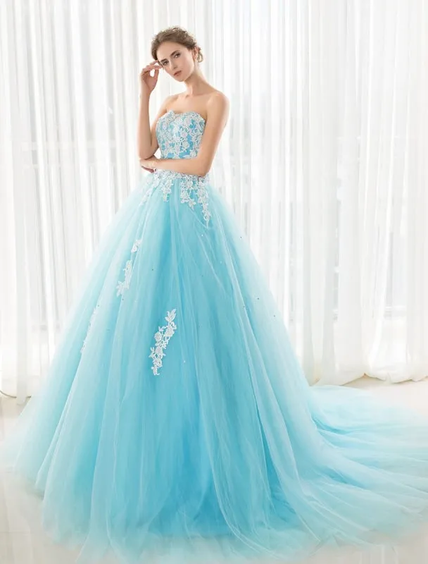 Blue Wedding Dress Lace Applique Tulle Court Train Strapless Sweetheart Lace-Up A-Line Bridal Gown