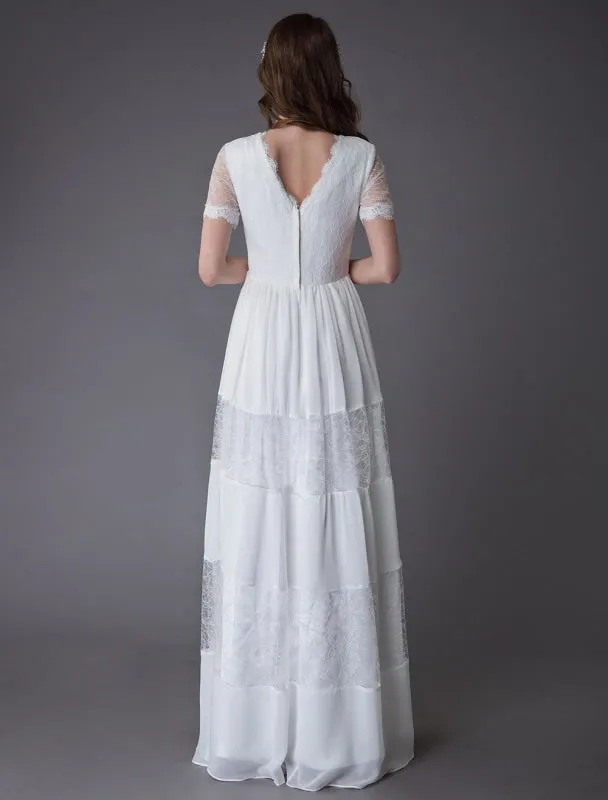 Boho Wedding Dresses Lace Chiffon Patchwork Ivory Short Sleeve Gypsy Maxi Beach Bridal Gowns Exclusive