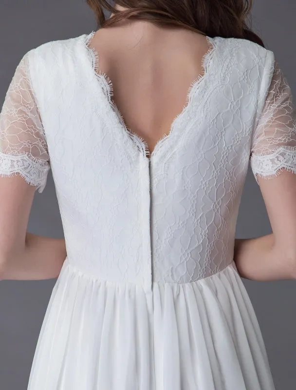 Boho Wedding Dresses Lace Chiffon Patchwork Ivory Short Sleeve Gypsy Maxi Beach Bridal Gowns Exclusive