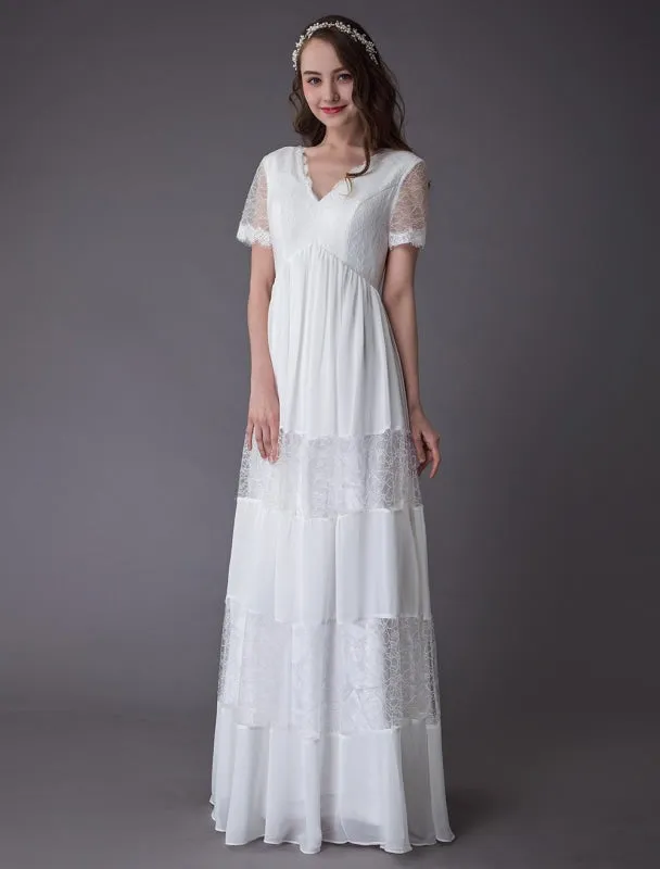 Boho Wedding Dresses Lace Chiffon Patchwork Ivory Short Sleeve Gypsy Maxi Beach Bridal Gowns Exclusive