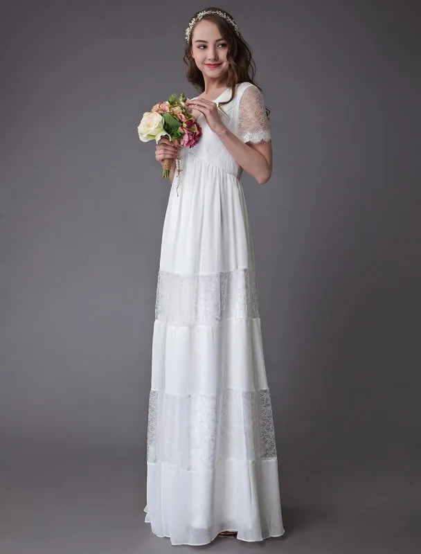 Boho Wedding Dresses Lace Chiffon Patchwork Ivory Short Sleeve Gypsy Maxi Beach Bridal Gowns Exclusive
