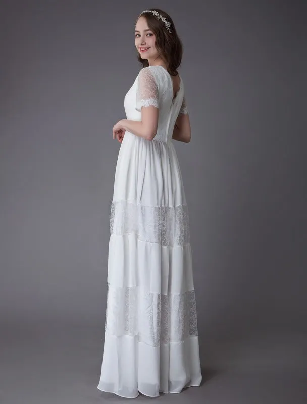 Boho Wedding Dresses Lace Chiffon Patchwork Ivory Short Sleeve Gypsy Maxi Beach Bridal Gowns Exclusive