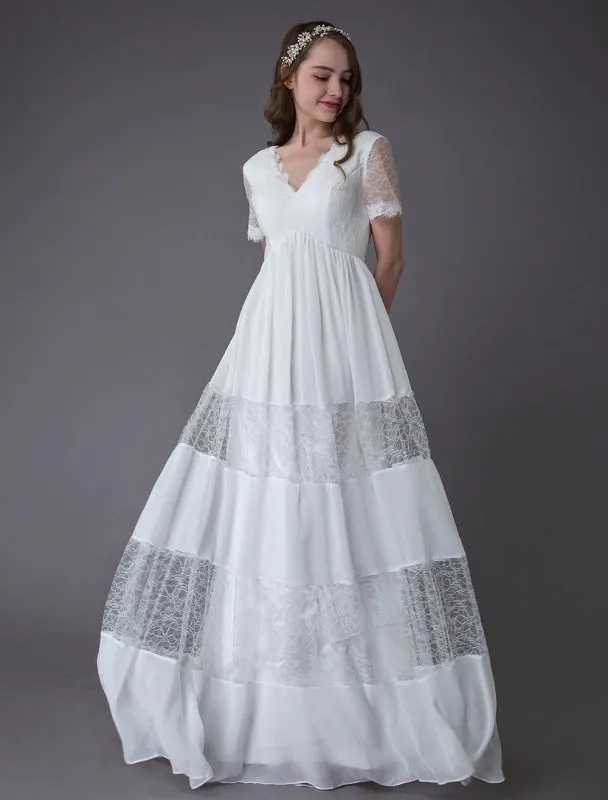Boho Wedding Dresses Lace Chiffon Patchwork Ivory Short Sleeve Gypsy Maxi Beach Bridal Gowns Exclusive