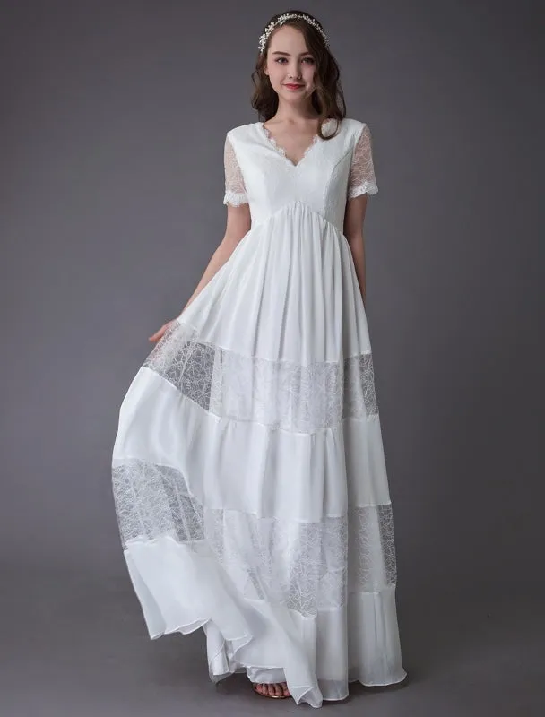 Boho Wedding Dresses Lace Chiffon Patchwork Ivory Short Sleeve Gypsy Maxi Beach Bridal Gowns Exclusive