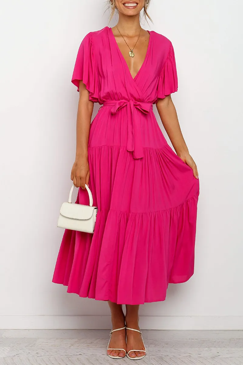 Casual Solid Patchwork V Neck Cake Skirt Dresses
