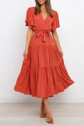 Casual Solid Patchwork V Neck Cake Skirt Dresses