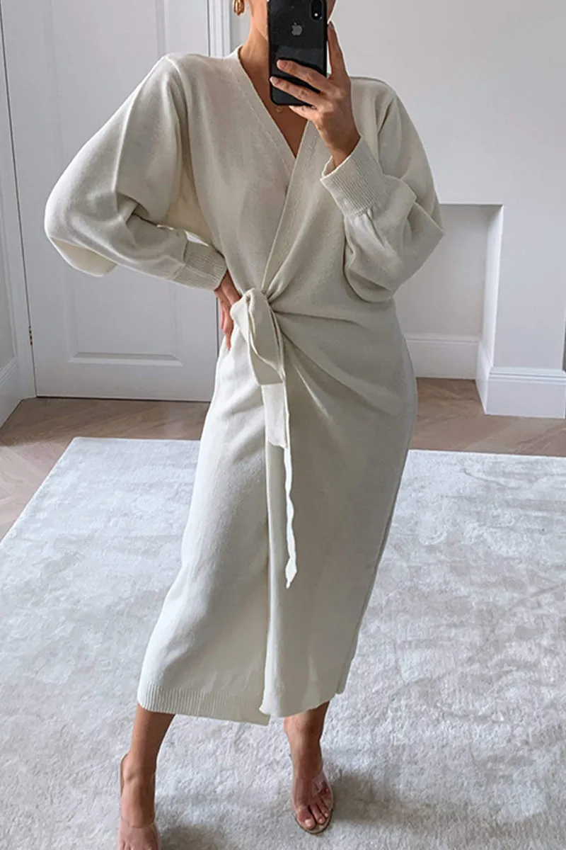 Casual Solid Patchwork V Neck Waist Skirt Dresses(5 colors)