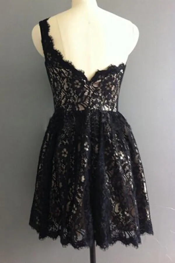 Cute One Shoulder Lace Appliques Black Short Prom Dresses Homecoming Dresses