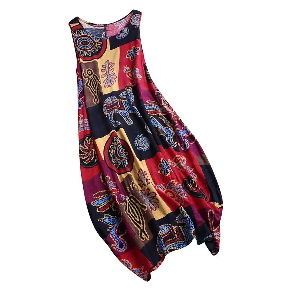 Elegant Loose Patchwork 3/4 Sleeves Button High Low Hem Dress
