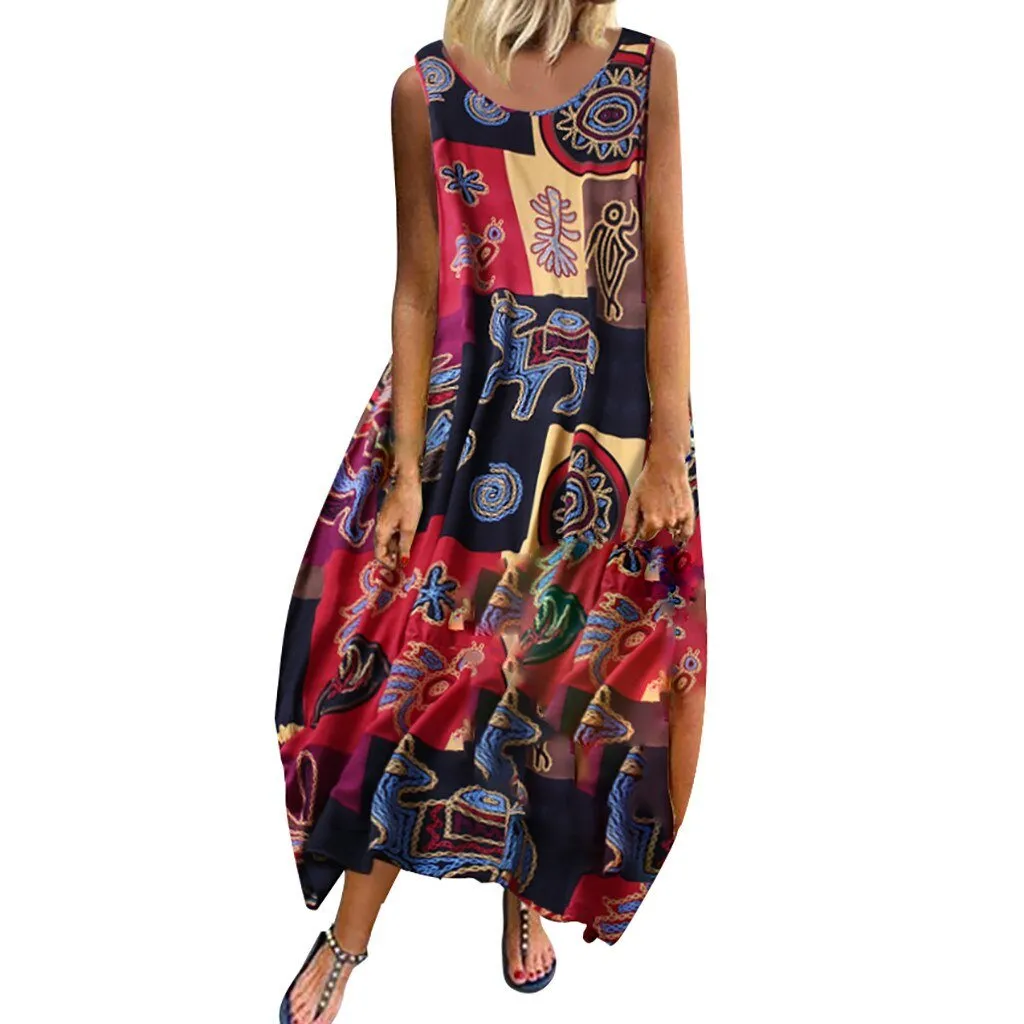 Elegant Loose Patchwork 3/4 Sleeves Button High Low Hem Dress