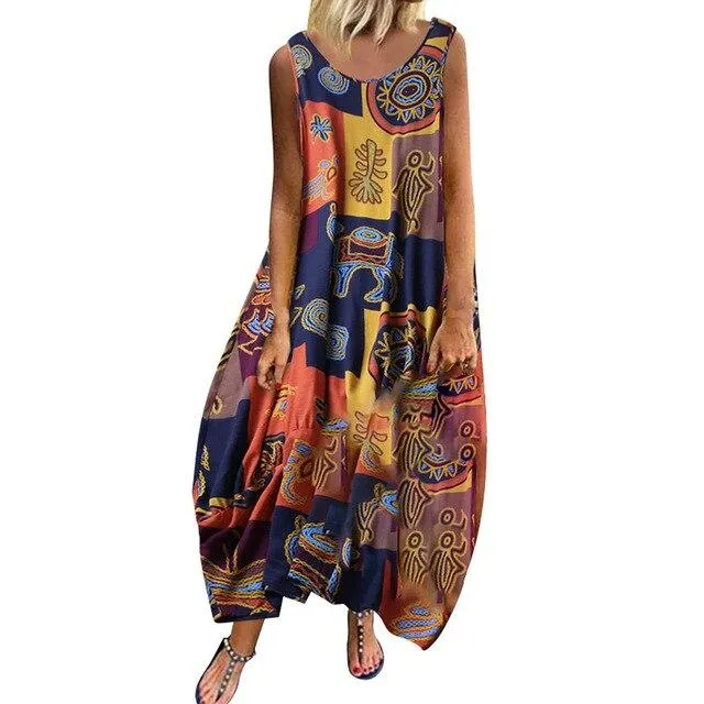 Elegant Loose Patchwork 3/4 Sleeves Button High Low Hem Dress