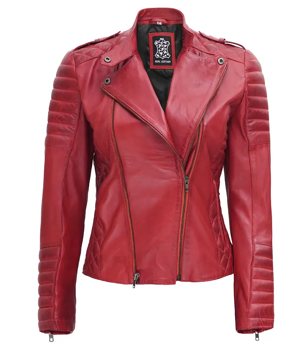 Jennie Womens Asymmetrical Maroon Biker Leather Jacket