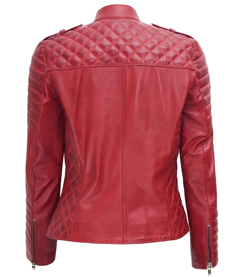 Jennie Womens Asymmetrical Maroon Biker Leather Jacket