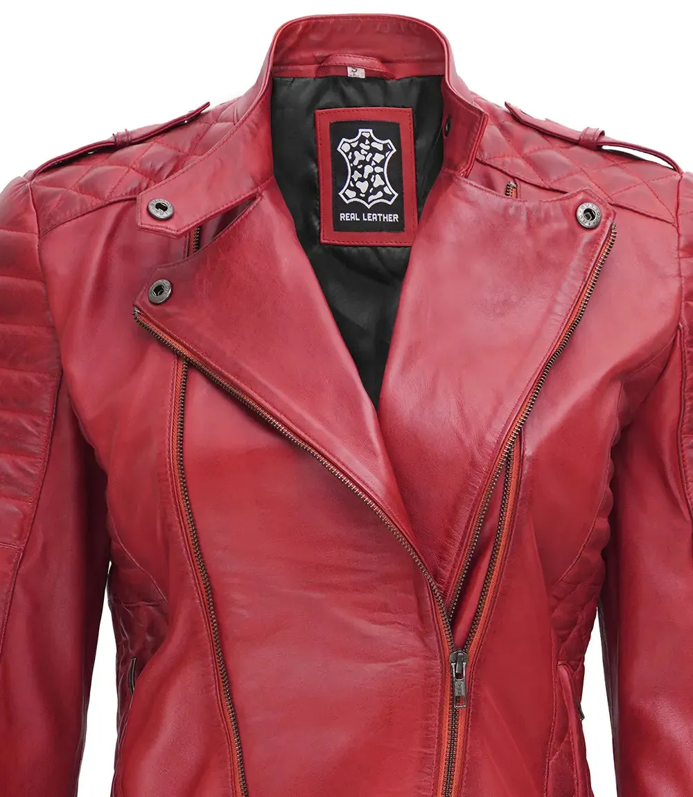 Jennie Womens Asymmetrical Maroon Biker Leather Jacket