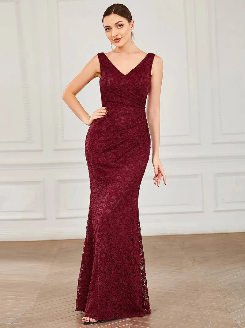 Lace V-Neck Fitted Evening Dress