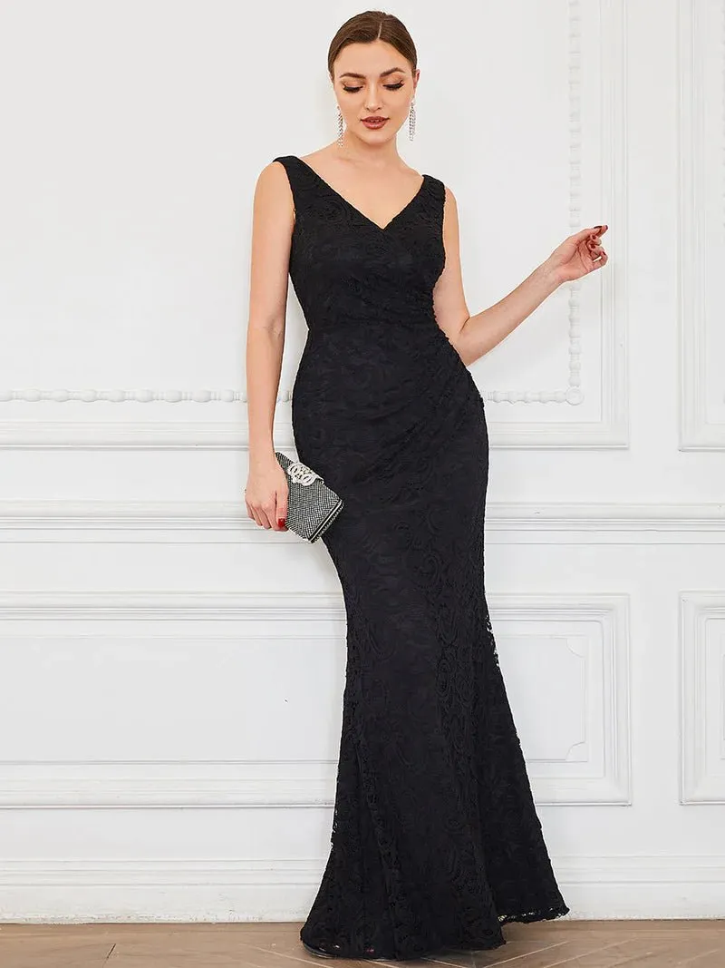 Lace V-Neck Fitted Evening Dress