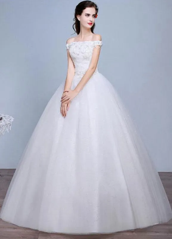 Lace Wedding Dress Off The Shoulder Floor Length Lace Up Applique Bridal Dress With Beads Sequins