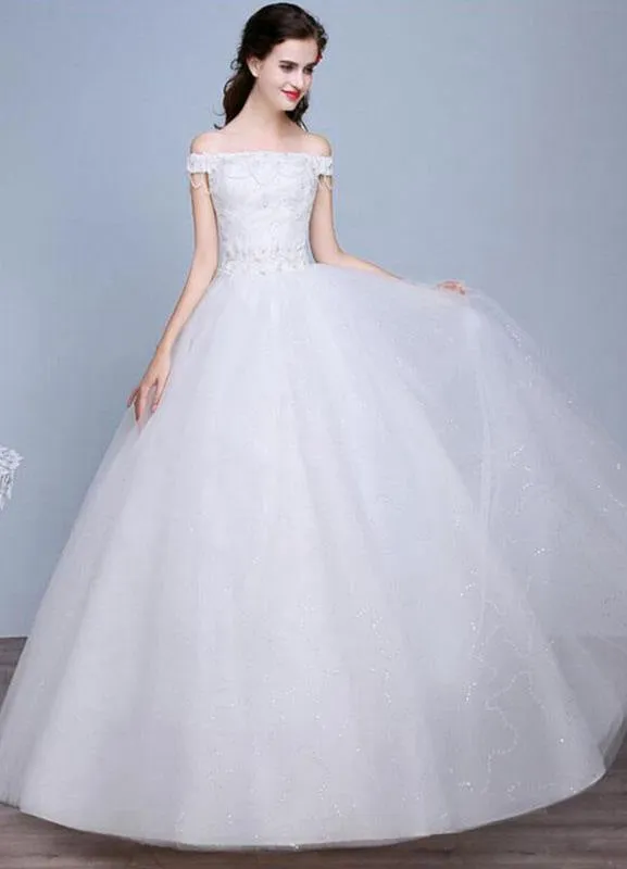 Lace Wedding Dress Off The Shoulder Floor Length Lace Up Applique Bridal Dress With Beads Sequins