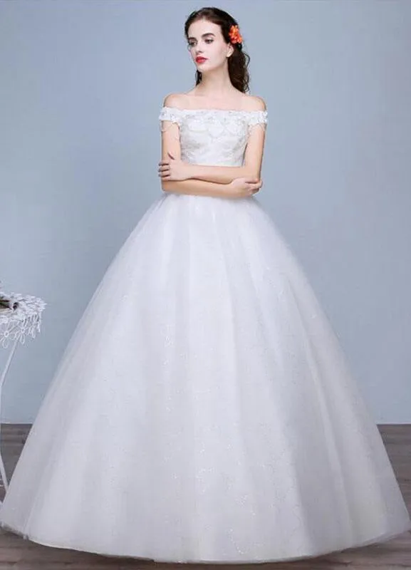 Lace Wedding Dress Off The Shoulder Floor Length Lace Up Applique Bridal Dress With Beads Sequins