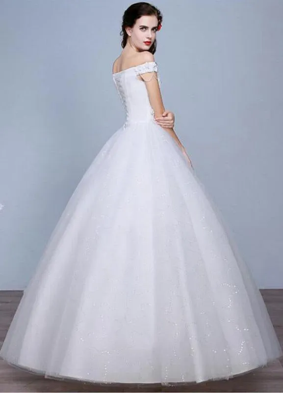 Lace Wedding Dress Off The Shoulder Floor Length Lace Up Applique Bridal Dress With Beads Sequins