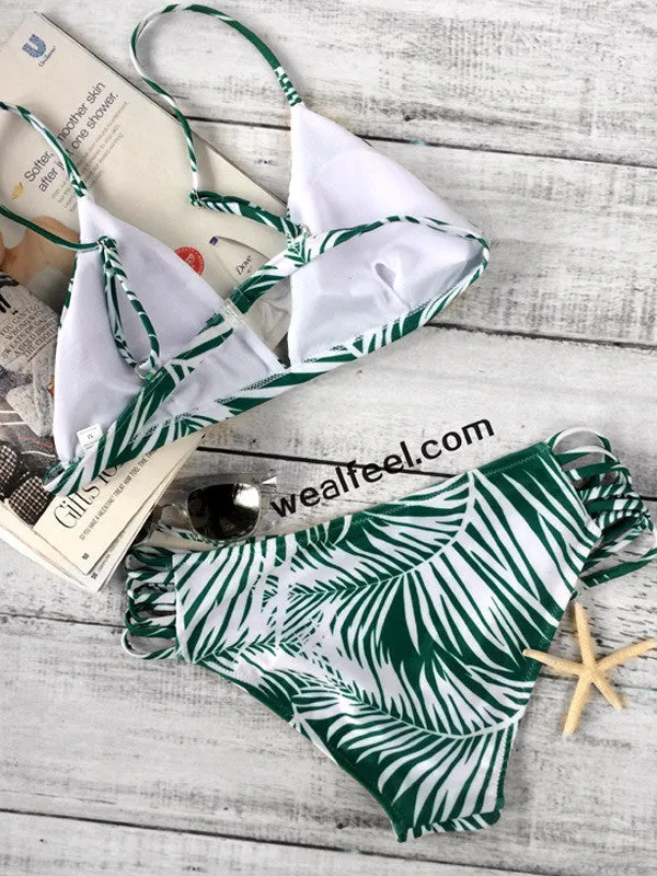 Leaf Print lace-up Swimwear Sets