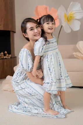 Mini Diana Pouf Sleeves Smocked Drophem Dress in Vintage Blue (Kids)