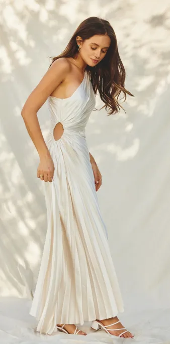 Odette Asymmetric One Shoulder Cut Out Pleated Dress in Pearl