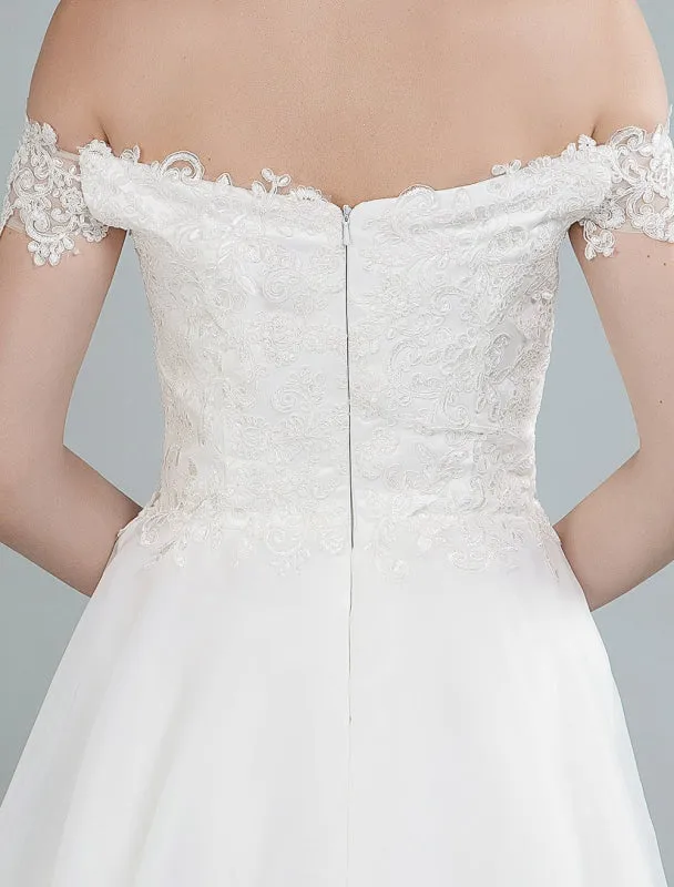 Simple Wedding Dress A Line Off The Shoulder Sleeveless Lace Bridal Dresses With Train Exclusive