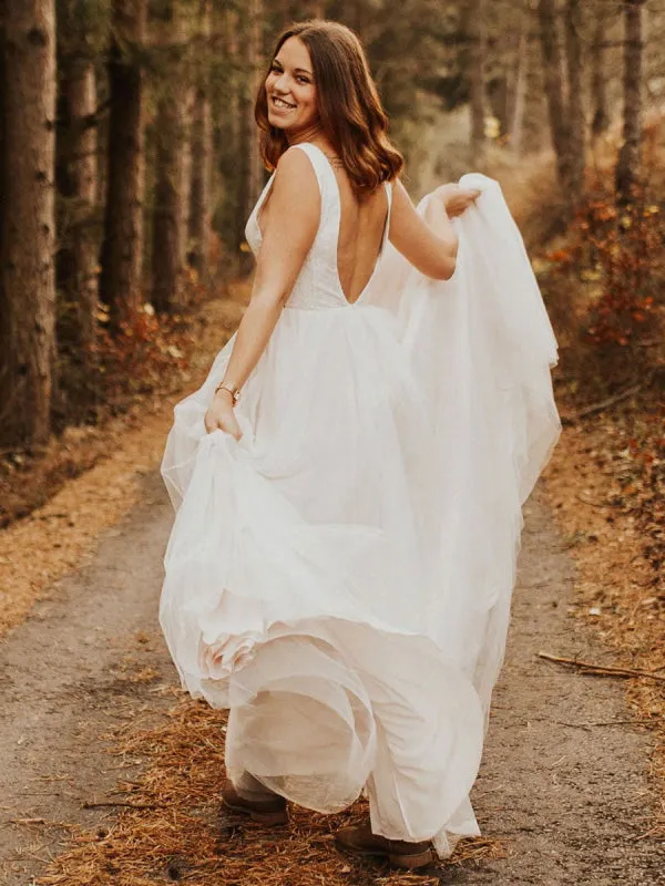 Simple Wedding Dress Backless Bridal Gowns Chiffon V-Neck A-Line Bridal Dresses