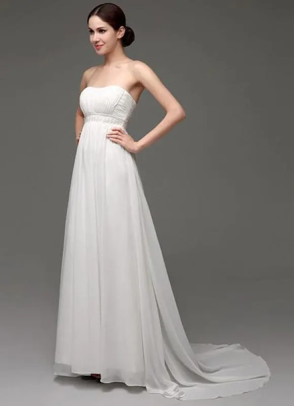 Strapless Chiffon A-Line Empire Waist Wedding Gown With Pearl Belt