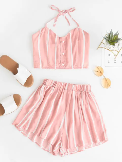 Two Pieces Set Rainbow Striped Smocked