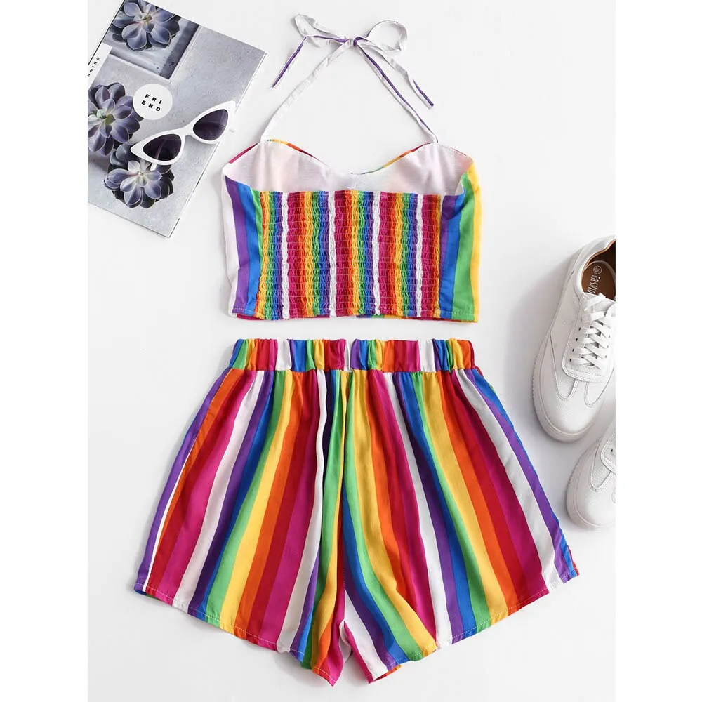 Two Pieces Set Rainbow Striped Smocked