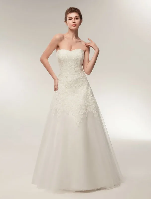 Wedding Dresses Strapless Lace Maxi Bridal Dress Sweetheart Neckline Floor Length Ivory Wedding Gowns